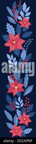 Winter flower arrangement. Christmas border patterned with poinsettia, holly, winter berry and foliage. Stock Vector