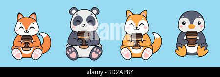 Cute cartoon animals drinking coffee. Isolated background. Vector illustration. Stock Vector