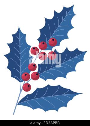 Christmas holly branch illustration. Vector illustration of festive holly twig with  leaves, berries, isolated on white background. New Year decoratio Stock Vector