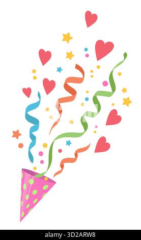 Confetti Exploding from a Party Popper. Firecrackers with confetti, color hearts and streamers flying in air, celebration party design element. Stock Vector