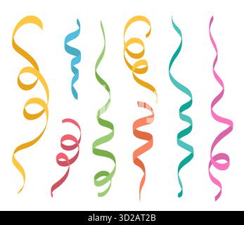 Colorful party streamers, festive curling ribbons for celebration or party. Birthday or  holiday design elements. Stock Vector