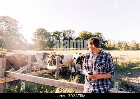 Farmer holding smart phone and looking away while leaning on fence at farm Stock Photo