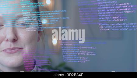 Gazing software developer analyzing code in home workspace, with translucent screen, copy space Stock Photo