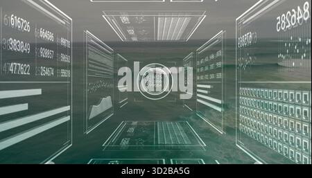 Central circular interface panel hovering above calm sea, with data panels showing numerical charts Stock Photo