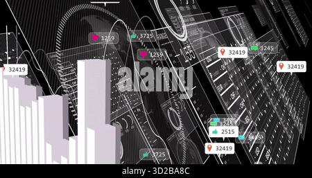 Displaying dashboard featuring white 3D bar chart at left with floating metric icons, copy space Stock Photo