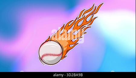 Moving fiery baseball soaring diagonally across pastel gradient, with stylized orange flames Stock Photo