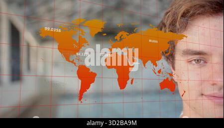 Executive analyzing world map overlay in office corridor, with red grid and data labels, copy space Stock Photo