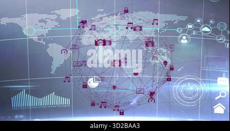 Displaying network globe with nodes on dotted world map grid, with magenta camera lock chart icons Stock Photo