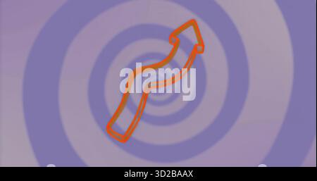 Displaying bold orange arrow curving upward in digital art, featuring purple spiral swirl pattern Stock Photo