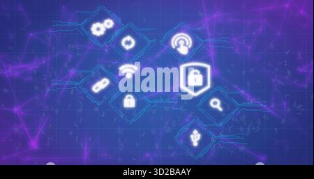 Displaying glowing shield-shaped padlock icon over blue grid, with circuits and purple network mesh Stock Photo