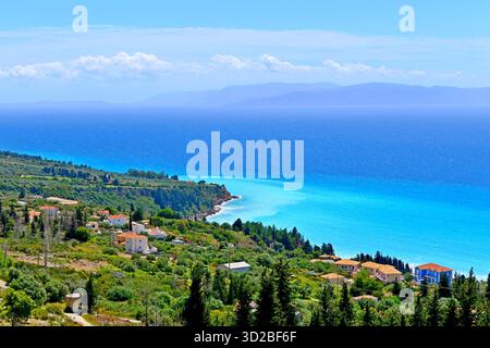A picturesque coastal landscape with a turquoise bay on the island of Kefalonia, Greece Stock Photo