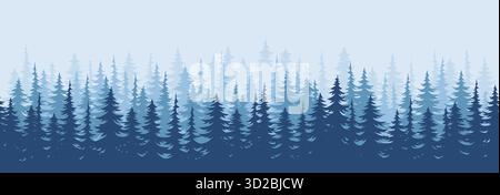 Forest fir trees silhouette. Coniferous spruce horizontal background. Forest trees panorama Stock Vector