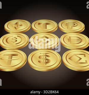 Graphic symbols of major cryptocurrencies and stablecoins, vector illustration Stock Vector