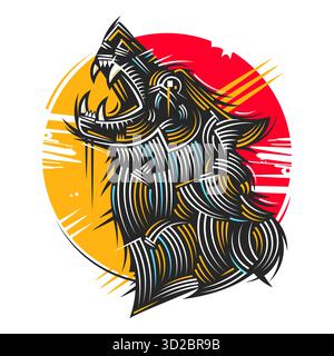 Silhouette of a wild wolf howling at the bright full moon on a rocky cliff during a dark night. Vector illustration of a lone predator. Stock Vector