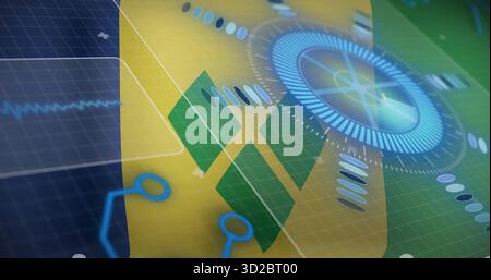 Displaying circular HUD interface rotating in virtual grid with heartbeat waveform and data windows Stock Photo