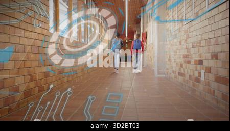 Walking classmates navigating school corridor, with backpacks, tiled floor, holographic overlay Stock Photo