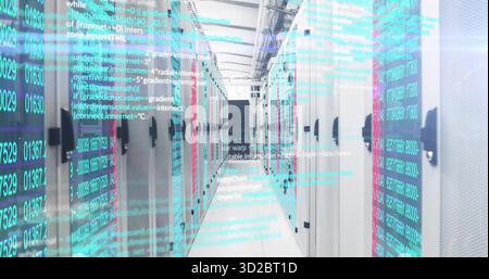 Displaying server rack aisle running through data center, with LED lights and coding overlay Stock Photo