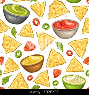 Vector Nachos Seamless Pattern, repeating background with illustration of homemade nachos with veggie slices and cilantro for wrapping paper, square p Stock Vector