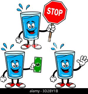Water Glass Mascot Set 04, Hand Drawn illustrations of Water Glass Mascots in various poses. Stock Vector