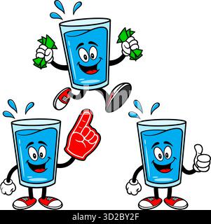 Water Glass Mascot Set 02, Hand Drawn illustrations of Water Glass Mascots in various poses. Stock Vector