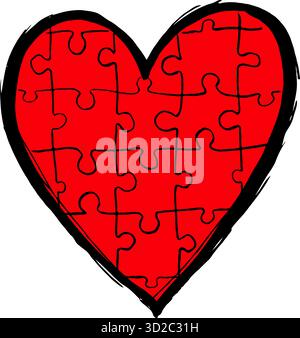 Red heart composed of interlocking puzzle pieces with a hand-drawn black outline on a white background, symbolizing love and connection Stock Vector