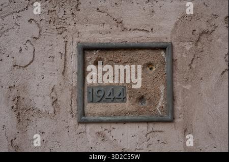 Bullet holes from WWII on the Freemasons Hall in Copenhagen, October 20, 2025 Stock Photo
