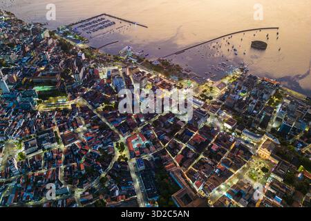 Aerial Top Down View of Historical Center and Lower Town of Salvador City at Night Stock Photo