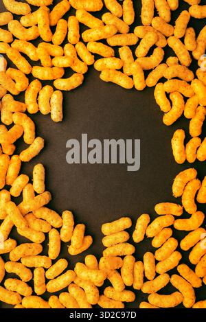 Vertical composition of peanut puff snacks forming circle with copy space, perfect for design background, banner, or packaging mockup Stock Photo