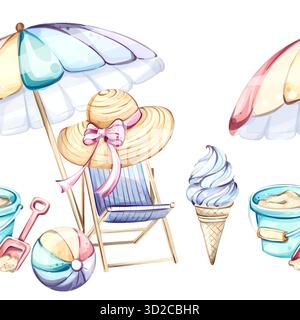 Summer vacation bliss seamless pattern background wallpaper featuring beach umbrellas, ice cream cones, sand toys, and playful beach balls that evoke Stock Vector