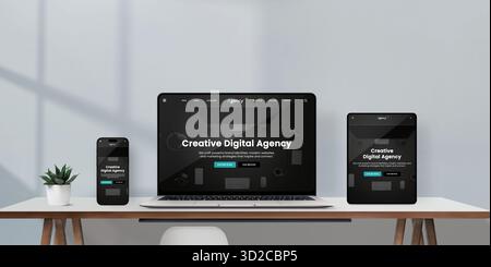 Laptop, tablet, and smartphone on minimalist desk display creative digital agency responsive website interface in dark mode, modern workspace with nat Stock Photo