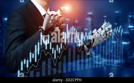 A futuristic businessman with a robotic hand analyzes stock market trends using cutting-edge technology. This image showcases innovation in finance an Stock Photo