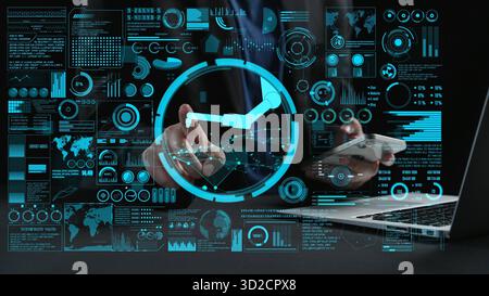 Explore a cutting-edge digital workspace showcasing advanced technology and data analysis tools for effective business strategies and innovative solut Stock Photo
