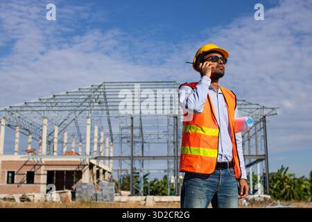 Male Construction worker or Engineer or Foreman stands at a building site using a walkie-talkie radio to coordinate and consulting with the team Stock Photo