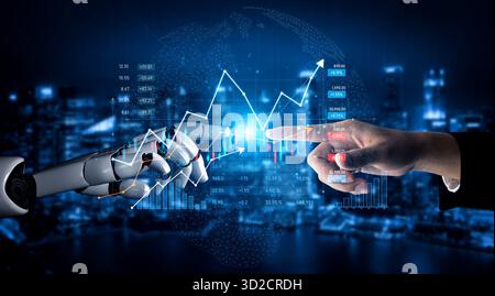 A striking visual of a robot hand and a human hand reaching towards each other, set against a backdrop of financial data visualizations, symbolizing c Stock Photo