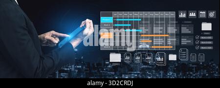 Digital visualization of multiple project timelines with progress tracking, documents, and team collaboration symbols Parse Stock Photo