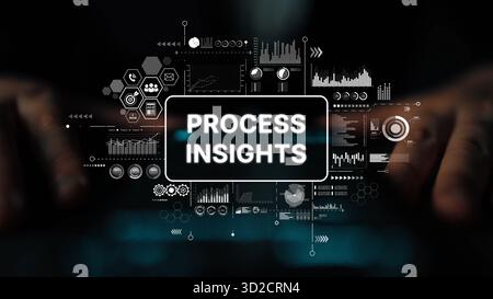 Hands Connecting with Digital Interface Displaying Process Insights and Analytical Data Visualization for Business Growth. Asymptotic smart data analy Stock Photo