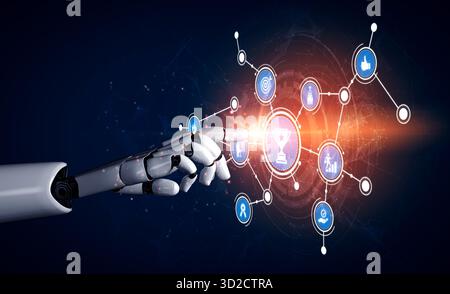 A robotic hand reaches out to engage with digital icons, illustrating the connection between technology and innovation in a virtual setting. Tessel Stock Photo