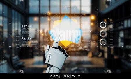 A robotic hand interacts with a vibrant digital interface in a sleek modern office, showcasing a blend of technology and innovation in a futuristic wo Stock Photo
