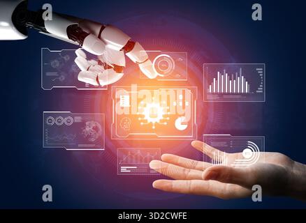 AI reading big data visualization dashboard, analyzing insights, identifying patterns, and generating strategic decisions through automated data inter Stock Photo