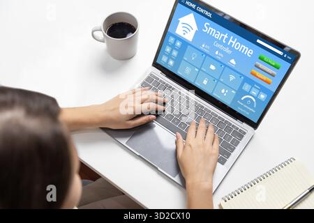 Smart home technology, centric remote control system with digital dashboard for air conditioning, safety security network or house automation. App sof Stock Photo