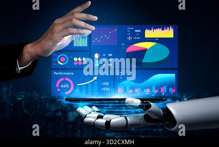Innovative concept of a robotic hand interacting with a digital interface showcasing data visualization and performance metrics in a business setting. Stock Photo