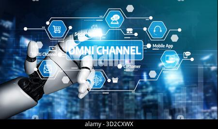 A robotic hand reaches out to engage with digital omnichannel interfaces, illustrating the future of e-commerce, customer interaction, and technologic Stock Photo