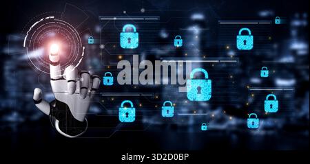 An AI assistant provides active network security by monitoring data encryption. This automated system ensures every online connection is private and p Stock Photo