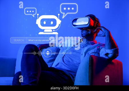 Explore a cutting-edge AI chatbot experience through virtual reality, enhancing user interactions with conversational queries and futuristic technolog Stock Photo