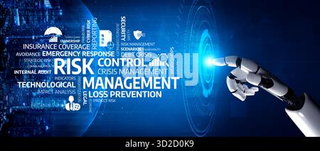 A robotic hand interacts with a digital display highlighting essential concepts in risk control and management, illustrating modern technology in busi Stock Photo