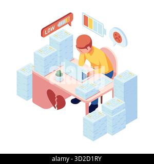 Isometric Burnout Office Worker Stressed at Desk with Low Energy Symbol. Burnout at Work Concept Stock Vector