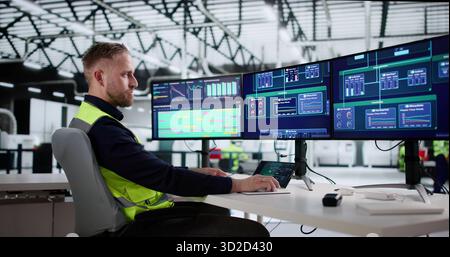 Engineer In Industrial Plant Uses Computer Software For Process Control Stock Photo