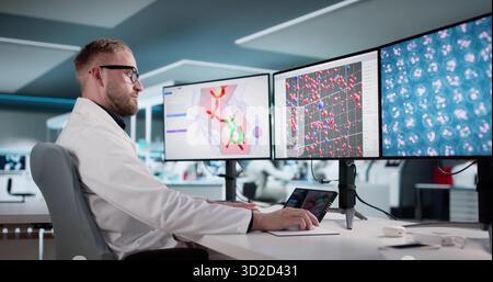 Man Analyzing Protein Structures On Multiple Computer Screens In Lab Possible Professions: Scientist, Researcher Stock Photo