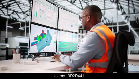 Young African American Man Developing Mechanical Product Design On Computer Monitor. Stock Photo