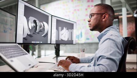 African-American Man Develops Jet Engine Model On Laptop Screen. Stock Photo